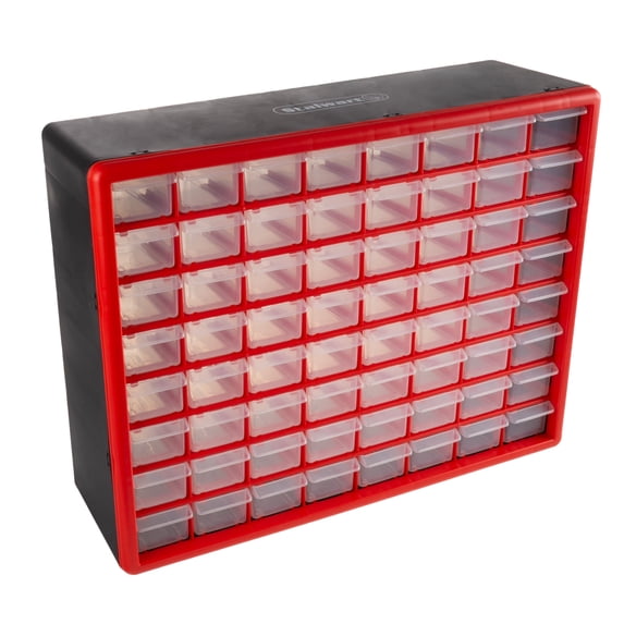 Stalwart 64-Drawer Storage Organizer - Plastic Drawers for Organization, Desktop or Wall-Mounted Container for Hardware, Tools, and Beads (Red)