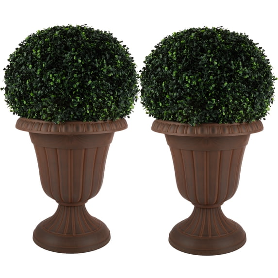 Pure Garden 16x18-Inch Outdoor Planter 2-Pack - Plastic Urn Planters, Brown