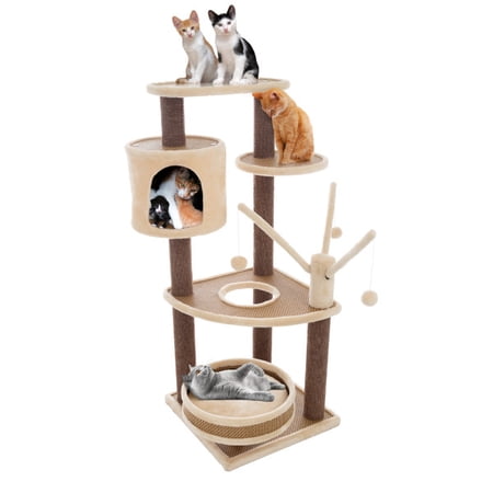 6-Tier Cat Tower- Cushioned Pet Bed, Napping Perches, Kitty Condo Hut, and Spring Arms with 3 Hanging Toys  Fully Carpeted by PETMAKER (Brown/Beige)