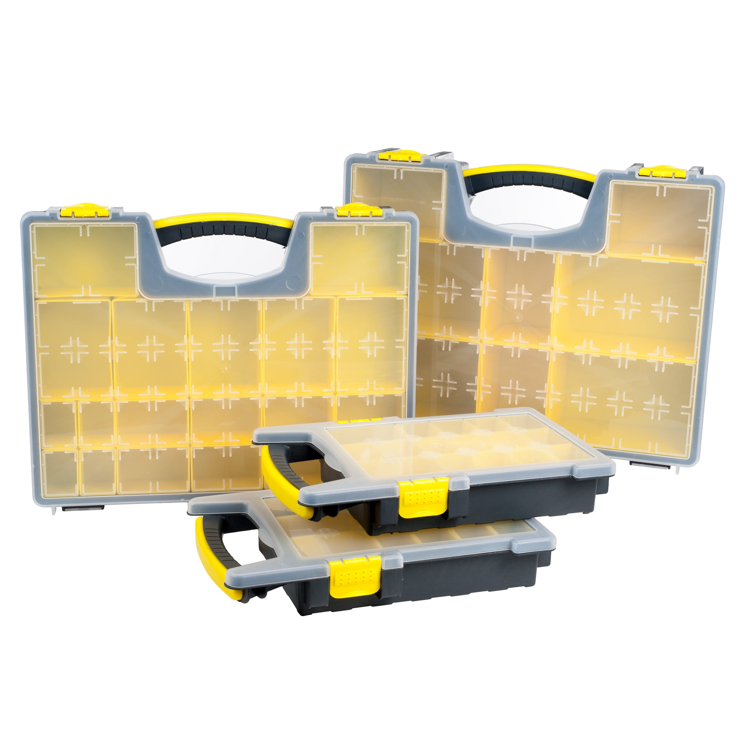 Yellow and Black Plastic Tool and Hardware Organizer Set with Clear Tops