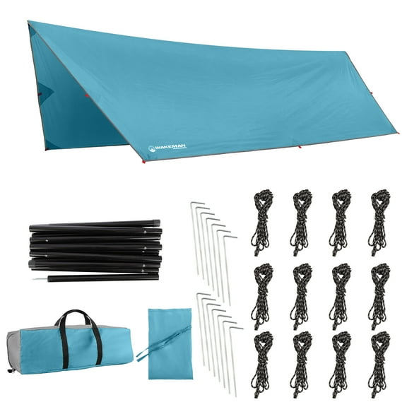Wakeman Outdoors 15x12ft Camping Tarp with Poles, Tent or Hammock Rain Fly with UV Protection, Blue