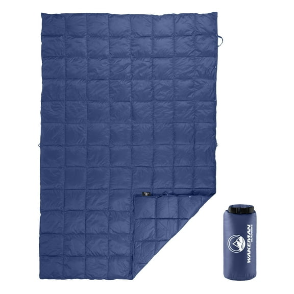 Wakeman Outdoors 78x52” Down Camping Blanket Packable Ultralight Travel Blanket with Bag, Blue