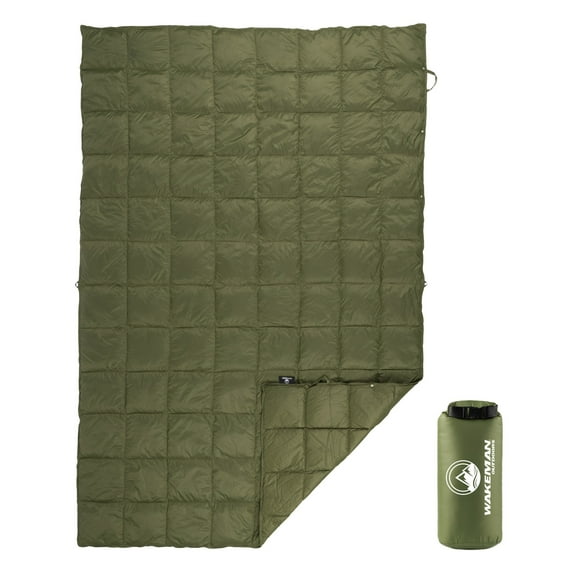 Wakeman Outdoors 78x52” Down Camping Blanket Packable Ultralight Travel Blanket with Bag, Green