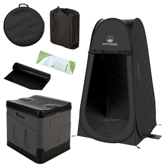 Wakeman Outdoors Camping Toilet Set - Pop Up Privacy Tent and Portable Toilet for Adults, Black