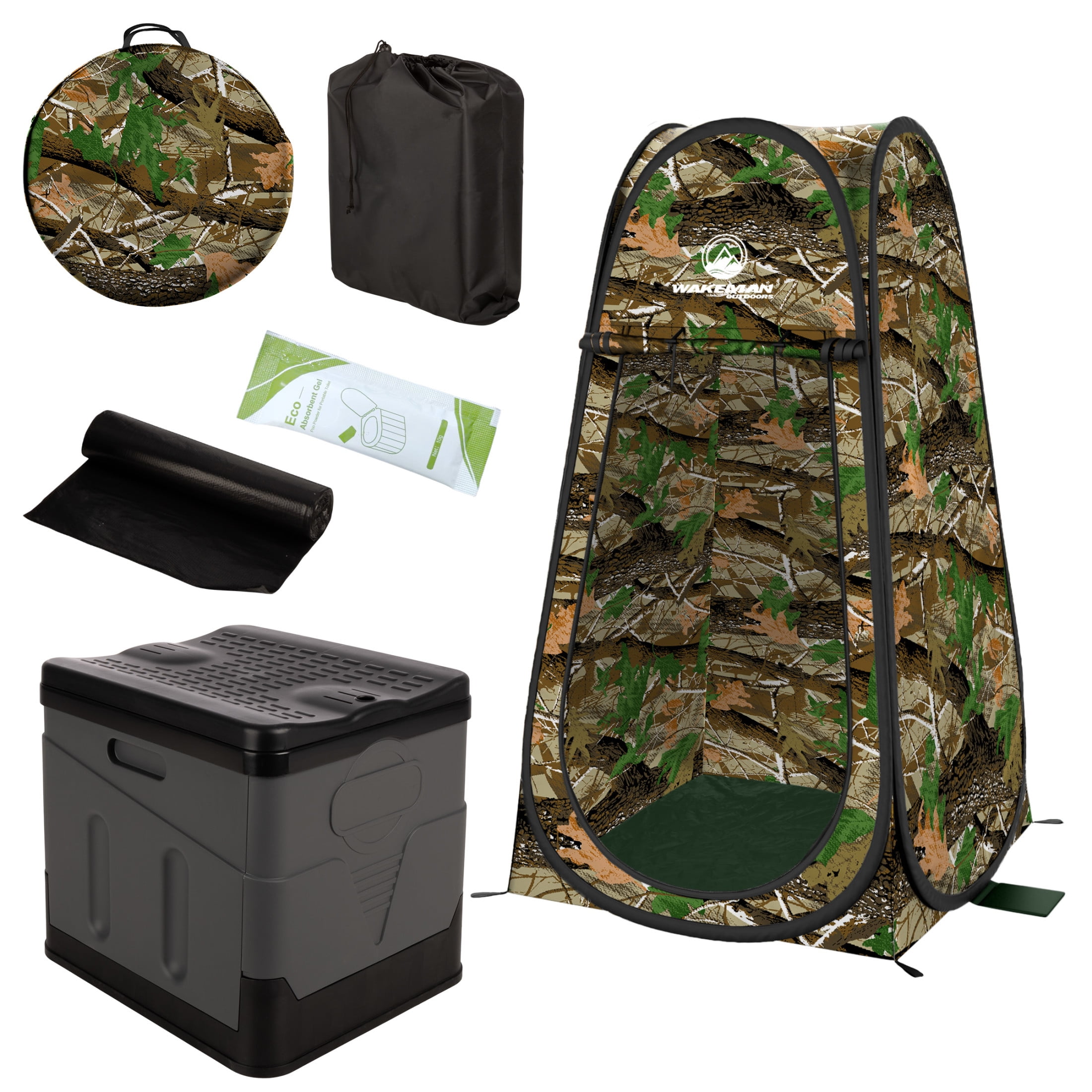 Wakeman Outdoors Camping Toilet Set - Pop Up Privacy Tent and Portable Toilet for Adults, Camo