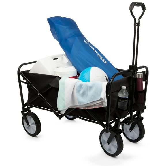 Wakeman Outdoors Collapsible Portable Wagon on Wheels - Grocery, Beach, or Garden Cart, Black
