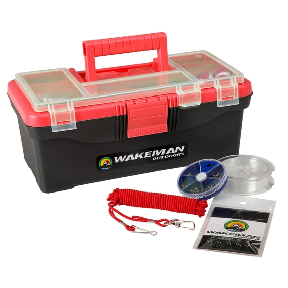 Wakeman Outdoors Fishing Single Tray Tackle Box with 55 Pieces, Medium, Red / Black