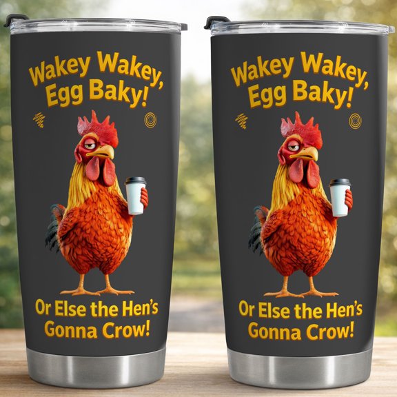 Wakey Wakey Egg Baky Funny Rooster 20oz Stainless Steel Insulated Tumbler - Leak-Proof Travel Coffee Cup, Farm Humor Chicken Themed Drinkware for Morning