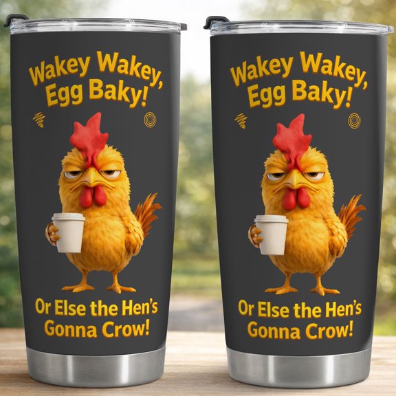Wakey Wakey Egg Baky Funny Rooster 20oz Stainless Steel Insulated Tumbler - Leak-Proof Travel Coffee Cup, Farm Humor Chicken Themed Drinkware for Morning