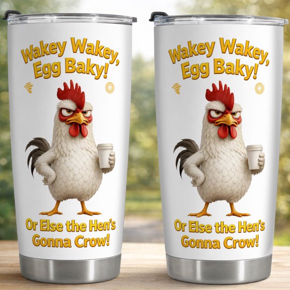 Wakey Wakey Egg Baky Funny Rooster 20oz Stainless Steel Insulated Tumbler - Leak-Proof Travel Coffee Cup, Farm Humor Chicken Themed Drinkware for Morning