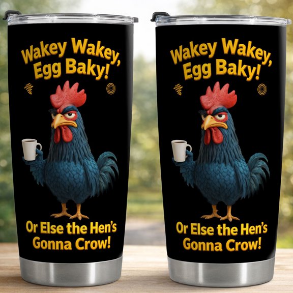 Wakey Wakey Egg Baky Funny Rooster 20oz Stainless Steel Insulated Tumbler - Leak-Proof Travel Coffee Cup, Farm Humor Chicken Themed Drinkware for Morning