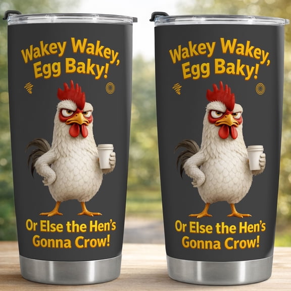 Wakey Wakey Egg Baky Funny Rooster 20oz Stainless Steel Insulated Tumbler - Leak-Proof Travel Coffee Cup, Farm Humor Chicken Themed Drinkware for Morning