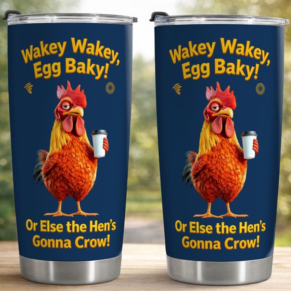 Wakey Wakey Egg Baky Funny Rooster 20oz Stainless Steel Insulated Tumbler - Leak-Proof Travel Coffee Cup, Farm Humor Chicken Themed Drinkware for Morning