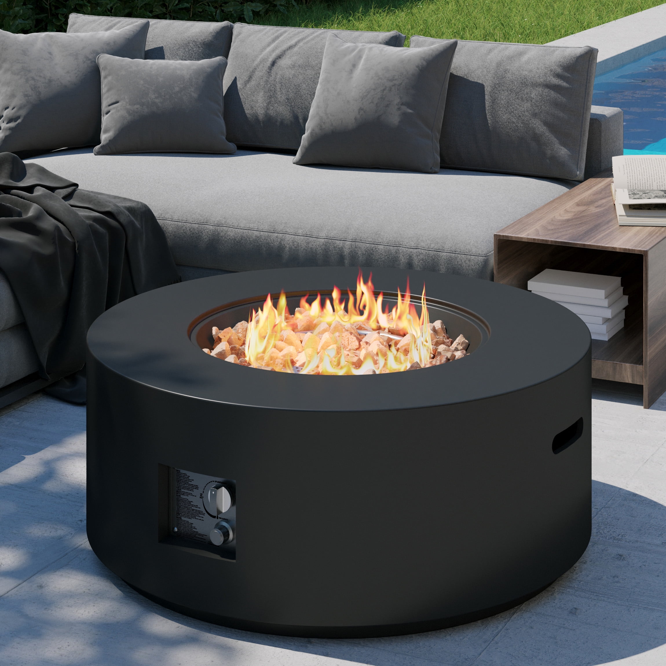 Wakeyard 32.5 inch Round Propane Fire Pit Table, 50000 BTU, Includes Lava Rock,Black