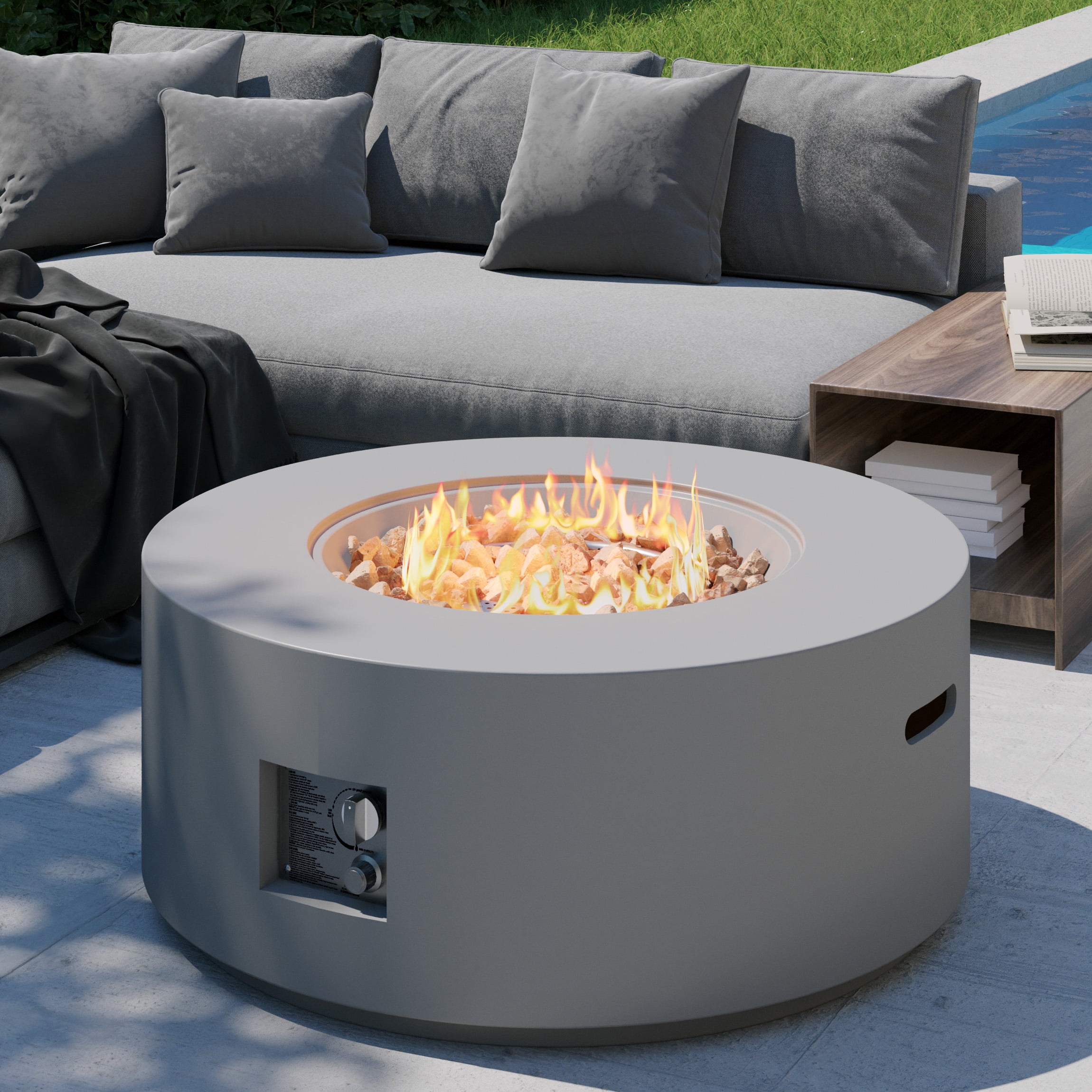 Wakeyard 32.5 inch Round Propane Fire Pit Table, 50000 BTU, Includes Lava Rock,Gray