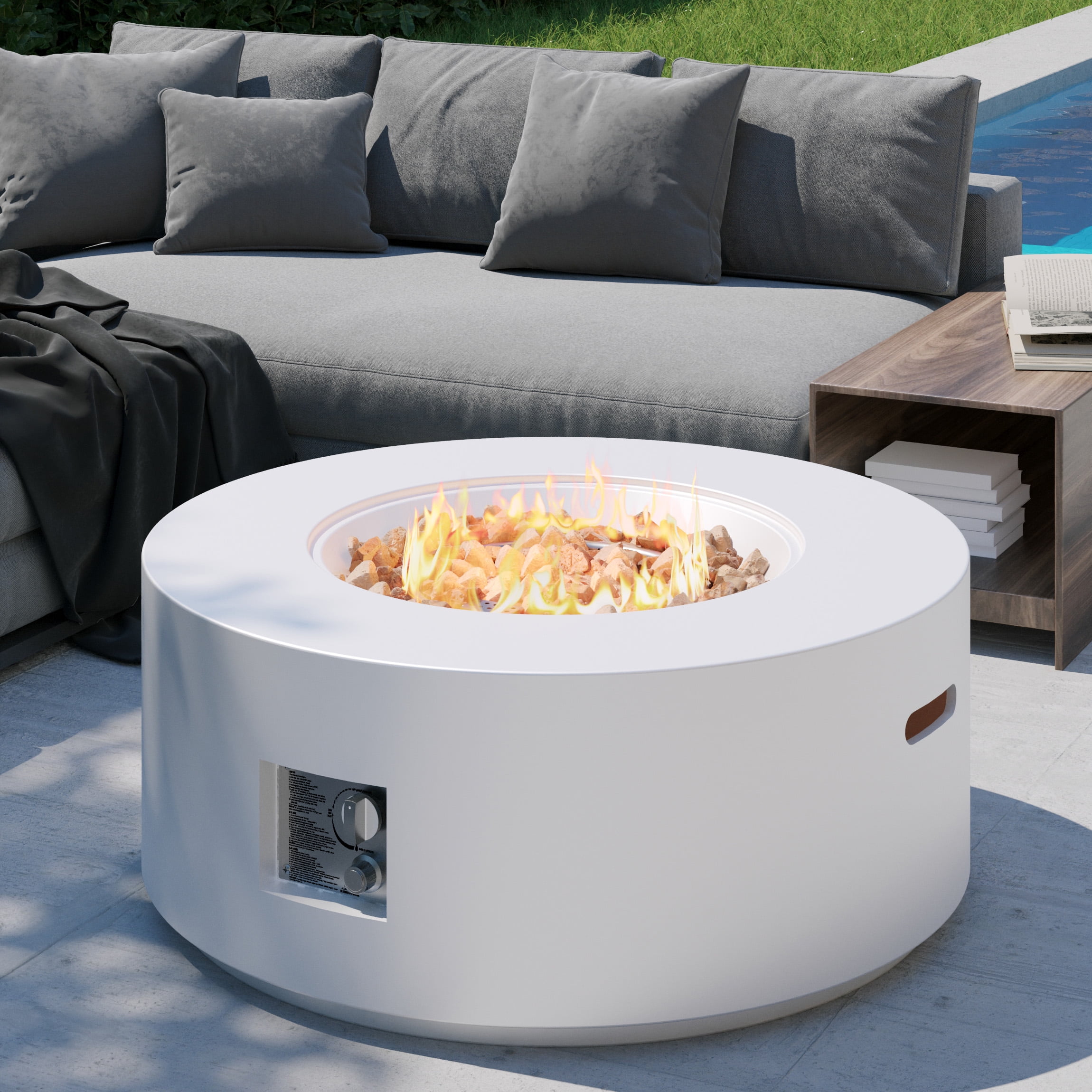 Wakeyard 32.5 inch Round Propane Fire Pit Table, 50000 BTU, Includes Lava Rock,White