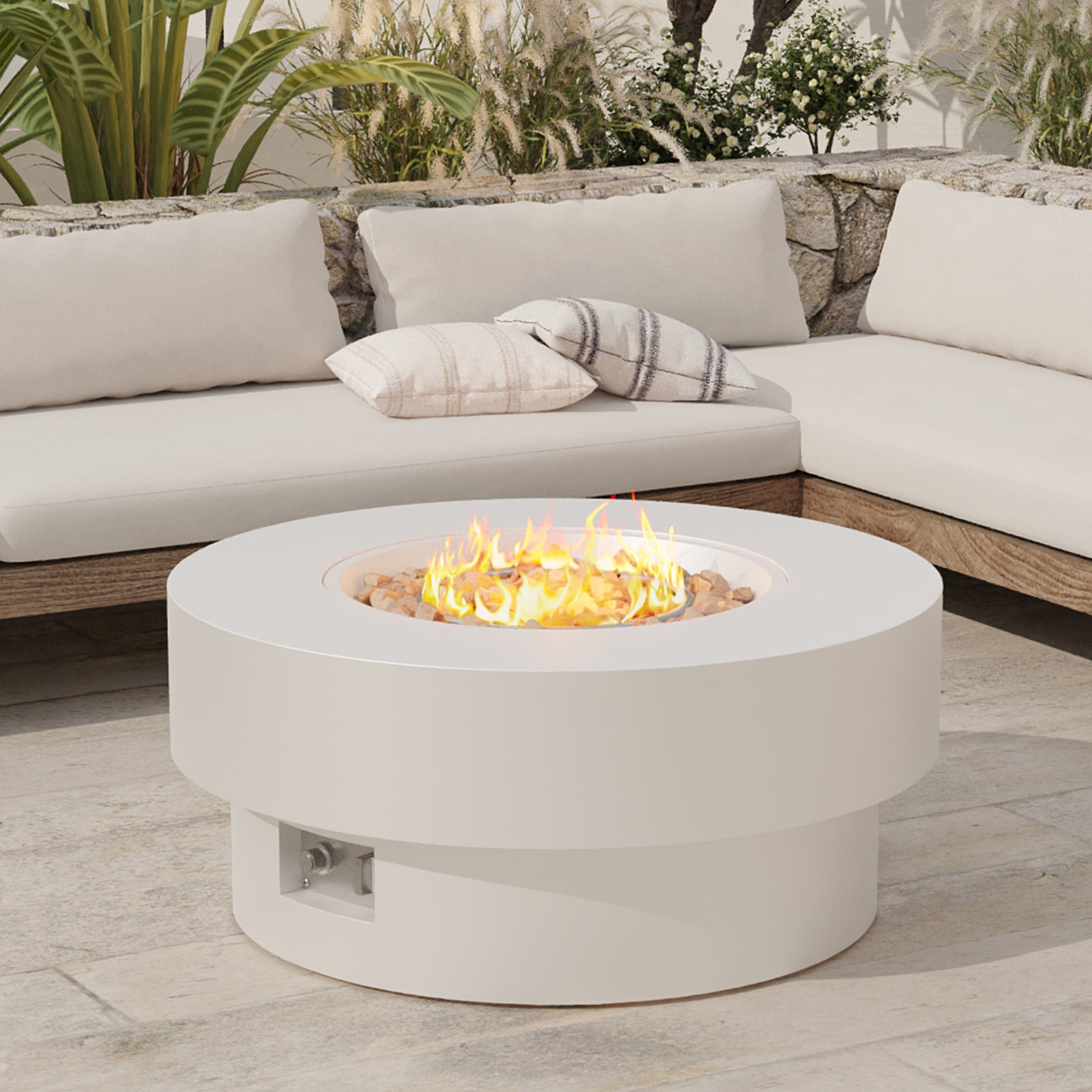 Wakeyard 32.5 inch Round Propane Fire Pit Table, 50000 BTU, Includes Lava Rock,White