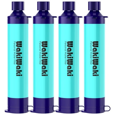 WakiWaki Personal Water Filter Straw, Portable Water Purifier Survival Gear for Hiking Camping Travel, Blue, 4 Pack