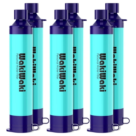 WakiWaki Personal Water Filter Straw, Portable Water Purifier Survival Gear for Hiking Camping Travel, Blue, 6 Pack