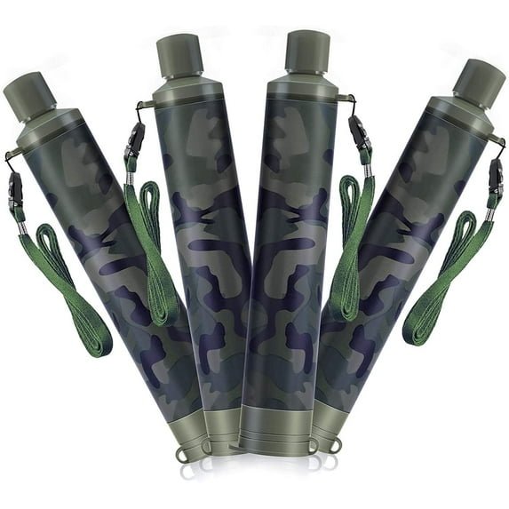 WakiWaki Personal Water Filter Straw, Portable Water Purifier Survival Gear for Hiking Camping Travel, Camo, 4 Pack