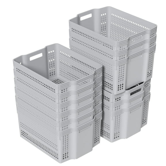 Wakikini 12-Pack Plastic Deep Storage Basket, Large Plastic Stackable Baskets, Gray