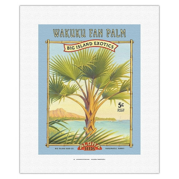 Wakuku Fan Palm - Aloha Seeds - Big Island Seed Company - Big Island Exotics - Vintage Seed Packet by Kerne Erickson - Fine Art Rolled Canvas Print 11in x 14in