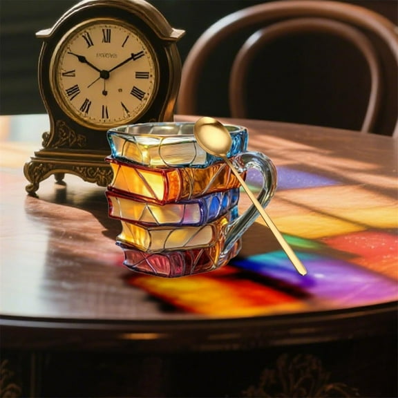 Walalucky Hand-Painted Book Mug with Spoon  Unique Literary Coffee Cup, Retro Book-Shaped Tea Mug, Gift for Book Lovers, Resin Novelty Cup,4.33 Inch