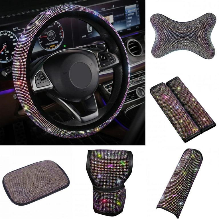 Walbest 1 Pack Bling Car Accessories for Women, Bling Steering Wheel Cover Set Seat Belt Shoulder Pads Crystal Ring Emblem Sticker Glitter Gear Shift