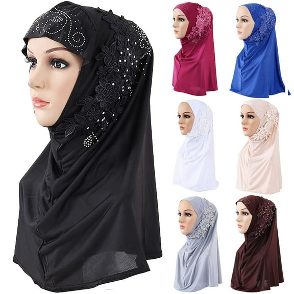 Walbest 1 Piece Women Girls Solid Color Muslim Hijab Islamic Lace Applique Head Wrap Shawl Long Scarf Wrap Scarves with Rhinestones, Fashion Headscarf (Head Circumference: 22.83")