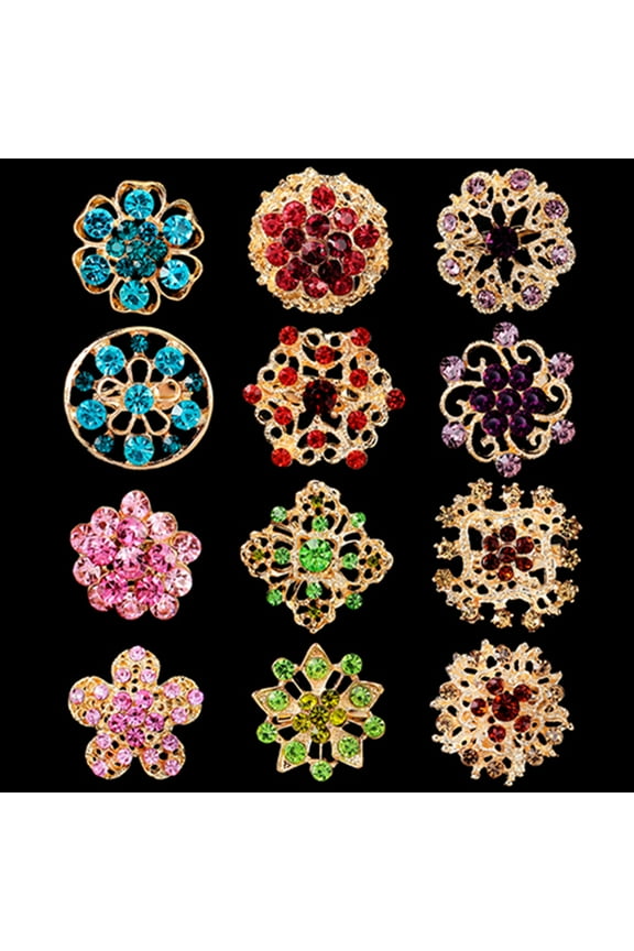 12Pcs/set Floral Brooches Hollow Jewelry Gift Alloy Rhinestone Crystal Bridal Scarf Brooch Pins for Party Wedding