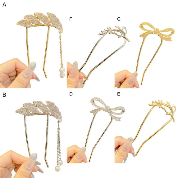 Walbest 1Pc U-shaped Tassel Faux Pearls Hair Fork Hairpin Women Elegant Bowknot Rhinestone Hair Stick Hair Accessory