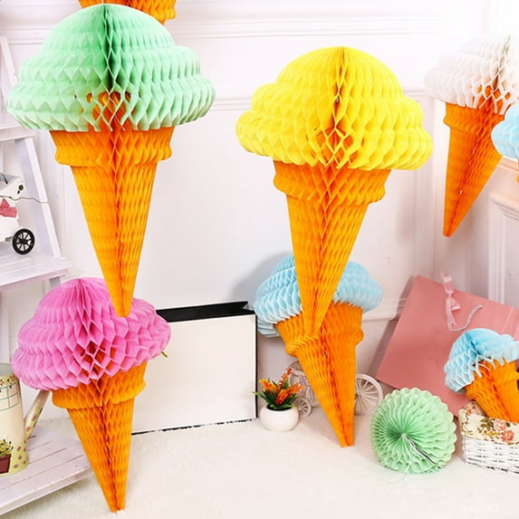 Walbest 1pc 12.6" Ice Cream Decoration Wedding Birthday Hanging Decor, Foldable Vibrant Color Honeycomb Ice Cream Ball Centerpiece Party Accessory Yellow