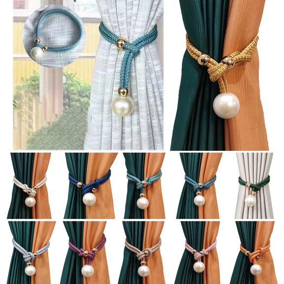 Walbest 2 Pack Curtain Strap Luxury Pearl Closure Adjustable Window Curtain Tieback Buckle Clip, Hemp Rope Curtain Ties