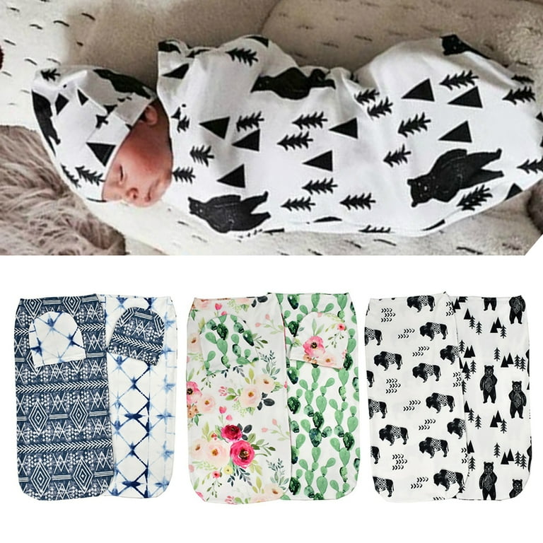 Walbest 2 Sets Nerborn Receiving Blanket and Hat Set Floral Print Baby Swaddle Wrap Floral Baby Blankets for 0 3M Girls and Boys