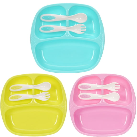 Walbest 3Pcs/set Lovely Baby Infant Separated Food Feeding Plate Dish Spoon Fork Set, Shatter-resistant Plate, Infant Utensil Set for Self-Training, Food Plate for Toddlers