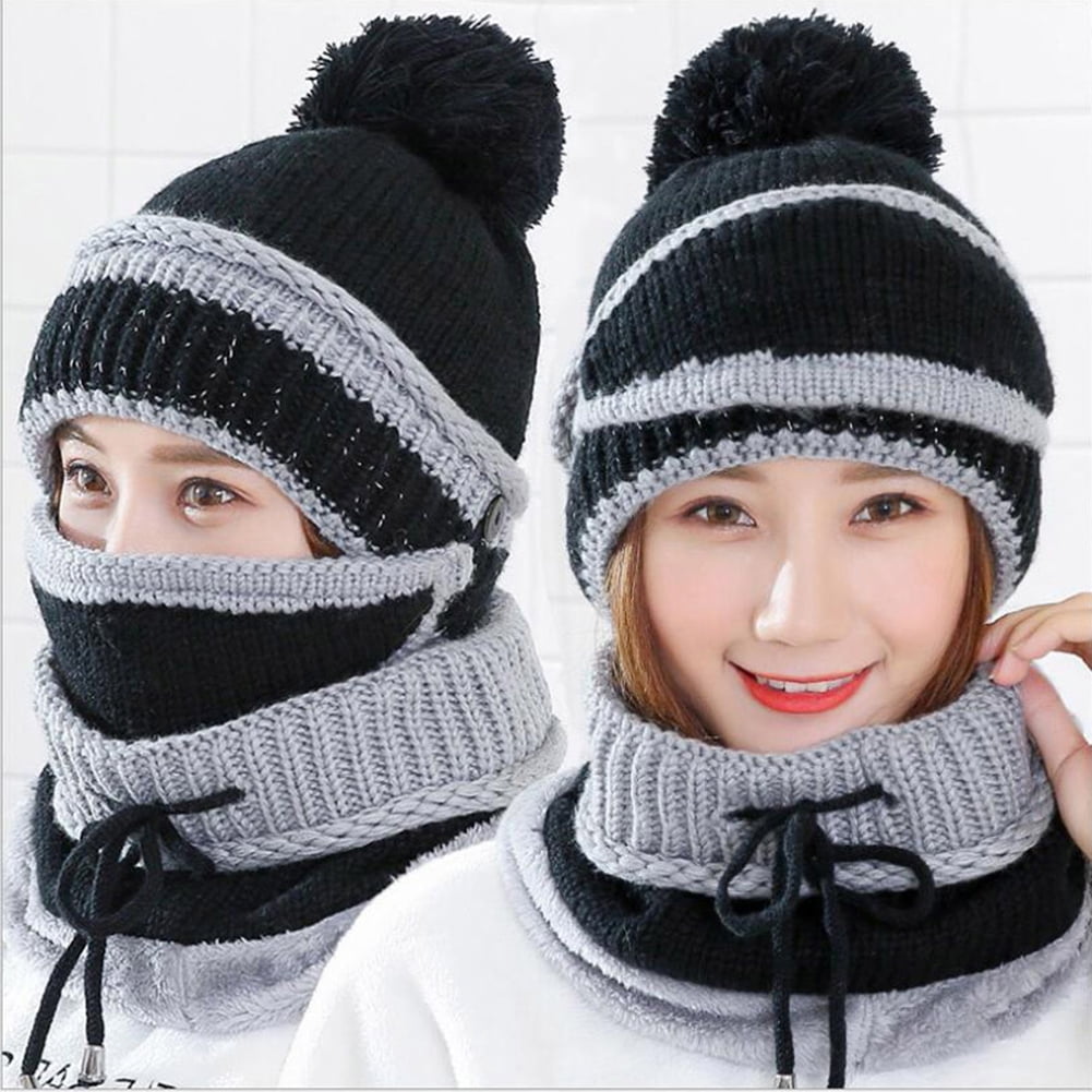 Wool Pom Pom Head Face Mask Hat Women Knit Visor Brim Beanie Skull Cap Face Ear Cover Pom  main image 4