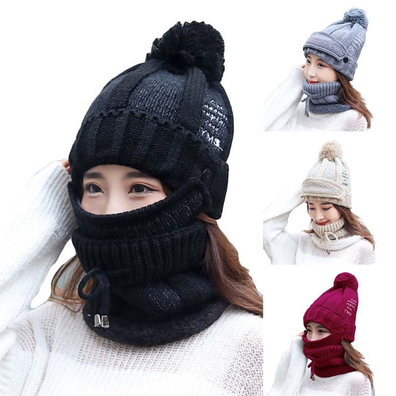 Walbest 3Pcs/set Womens Outdoor Warm Winter Thick Woolen Knitted Beanie Hat,Neck Scarf,Face Mask Set