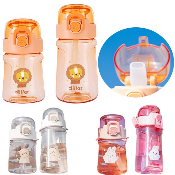 Walbest 400ml/550ml Transparent Water Bottle Cup Cartoon Animal Print Multi-purpose Water Bottle with Strap & Straw, Cute Water Bottle for Student (1Pc)