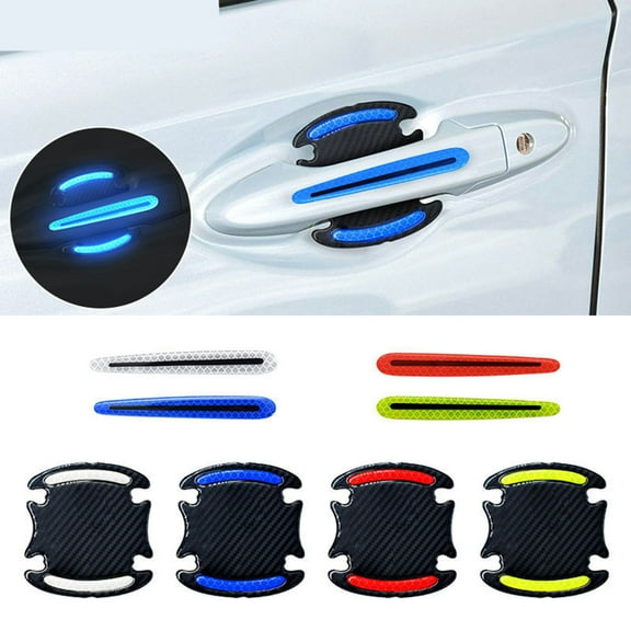 Walbest 4Pcs Car Door Cup Handle Cover Protector Thick Epoxy Stickers, Carbon Fiber Pattern w/Reflective Strip, Paint Guard Anti-Scratch Safety Warning Marker Trim MoldingDecal