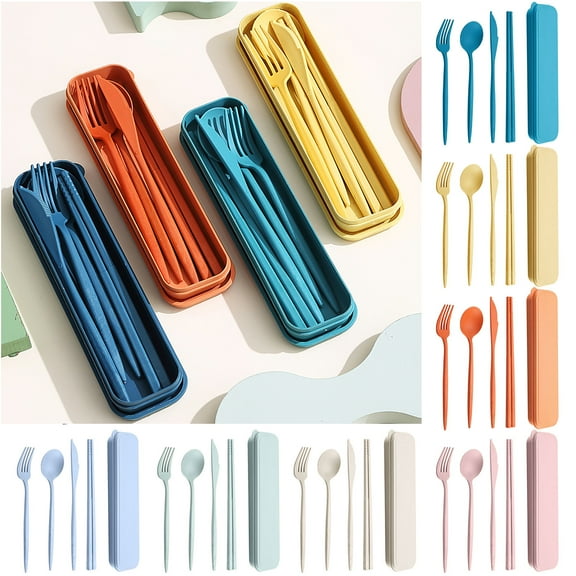 Walbest 4Pcs/Set Reusable Portable Plastic Cutlery Set with Storage Box, Spoon Fork Cutter Chopsticks Tableware Set for Outdoor Travel