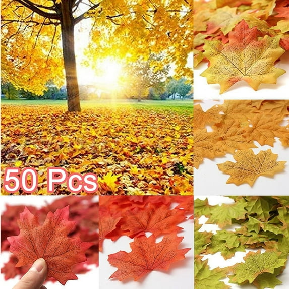 Walbest 50 Pcs Maple Leaves Artificial Fall Leaves Bulk Faux Fall Color Maple Leaves Decoration Simulation Maple Left Art for Craft, Wedding, Festival, Party, Thanks-Giving and Outdoor Decorating