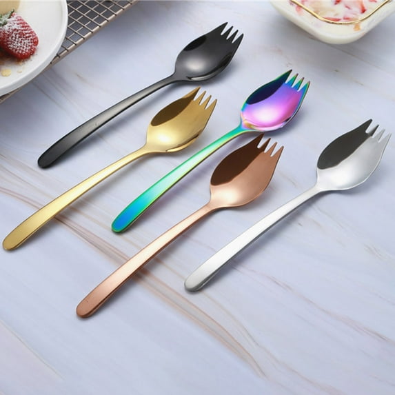 Walbest 5pcs/set 2 in 1 Stainless Steel Sporks, 8.27" Reusable Salad Noodles Soup Dinner Fork Spoons Travel Picnic Tableware