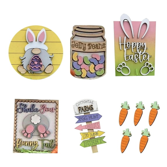 Walbest 6Pcs/set Flat Easter Sign Decoration Farmhouse Style Collectable Wooden Easter Tiered Tray Decor