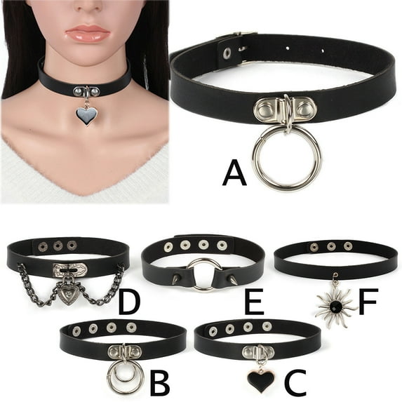 Walbest Adjustable Harajuku Style Women Black Choker Heart Hip Hop Faux Leather Exaggerated Rivets Dark Punk Collar Choker