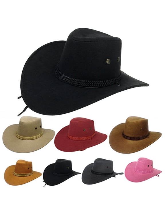 American West Cowboy Hat, Sun Hat Felt Suede Travel Cap Outdoor Sun Visor Wide Brim Fedora Hat with Strap, Men's Horse Riding Hat