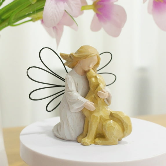 Walbest Angel And Dog Figurine Resin Hand-Painted Home Office Tabletop Ornament Mini Angel Girl And Dog Statue Gift for Dog Lovers