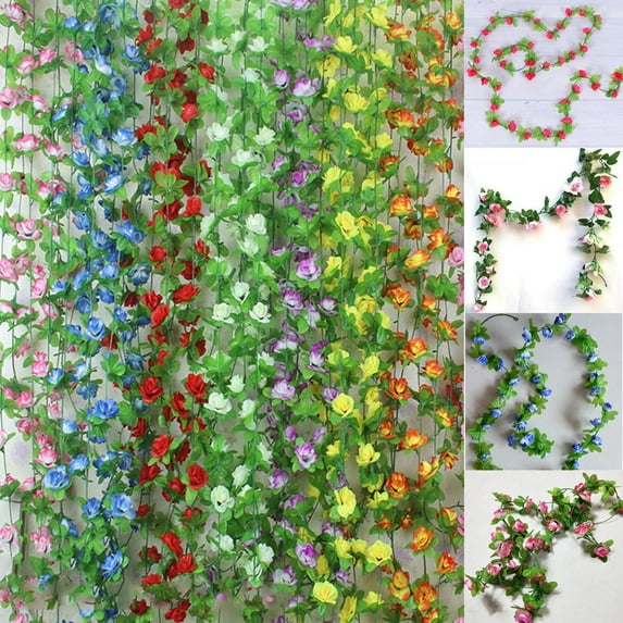 Walbest Artificial Fake Rose Silk Flower with Green Leaf Vine Plastic Hanging Vine Garland, Artificial Floral Wreath Wedding Party Garden Wall Valentine Decoration