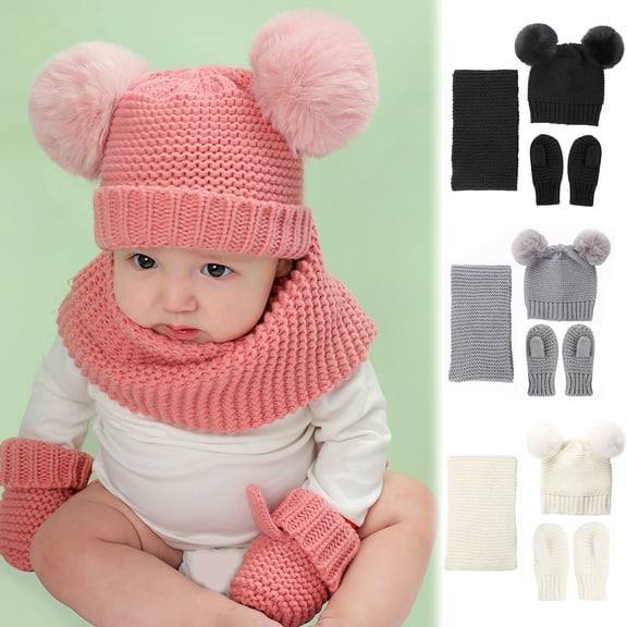Walbest Baby Winter Hat Warm Scarf Gloves Set Pompoms Knitted Beanie Mitten Scarves for Toddler Girl Boy color Grey