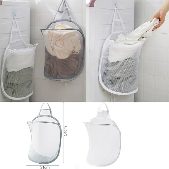 Walbest Bathroom Hanging Laundry Basket Bag, Household Folding Mesh Bathroom Hanging Laundry Hamper Basket Bag, Self-adhesive Dirty Clothes Net Pouch Bag for Home Dorm (Gray)