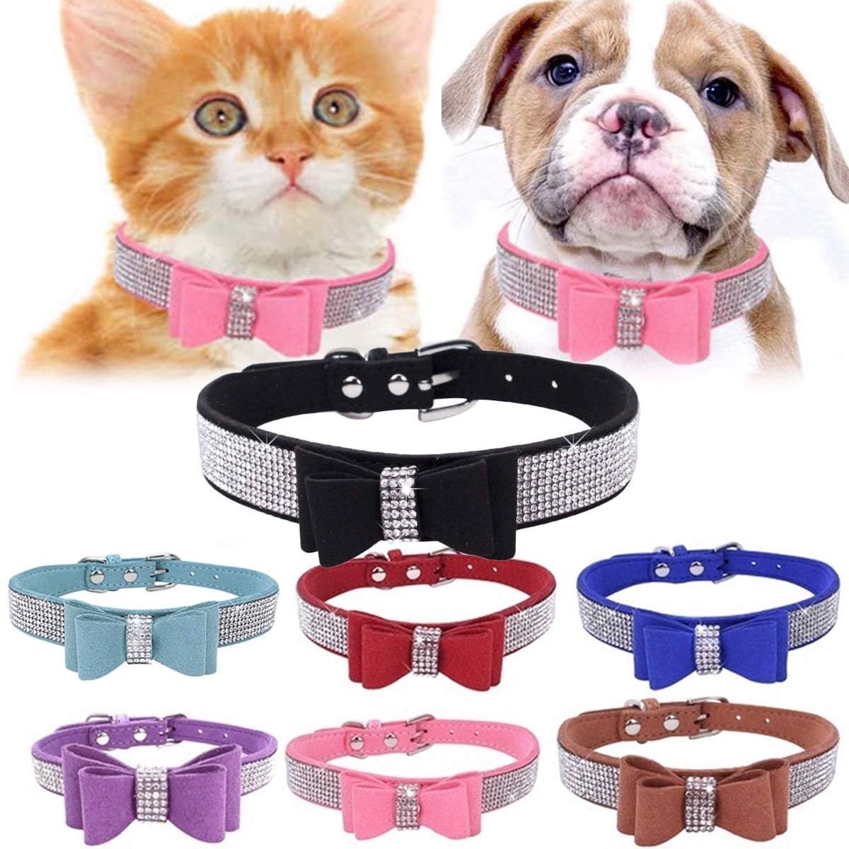 Walbest Bling Diamond Dog Collar with Cute Double Bowknot, Adjustable